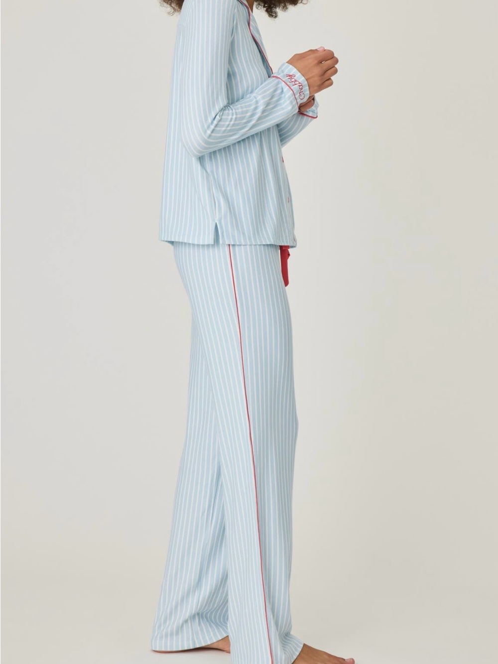 P.J. Salvage Light Blue and White Striped Pajama Set with Red Trim - Picture 14 of 15